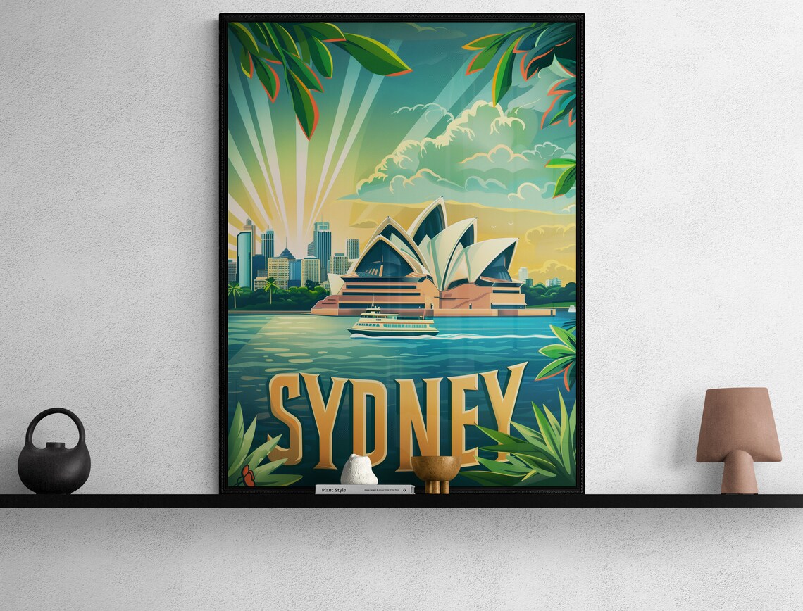 Sydney Opera House and Harbor Ferry at Sunrise Vintage Travel Poster