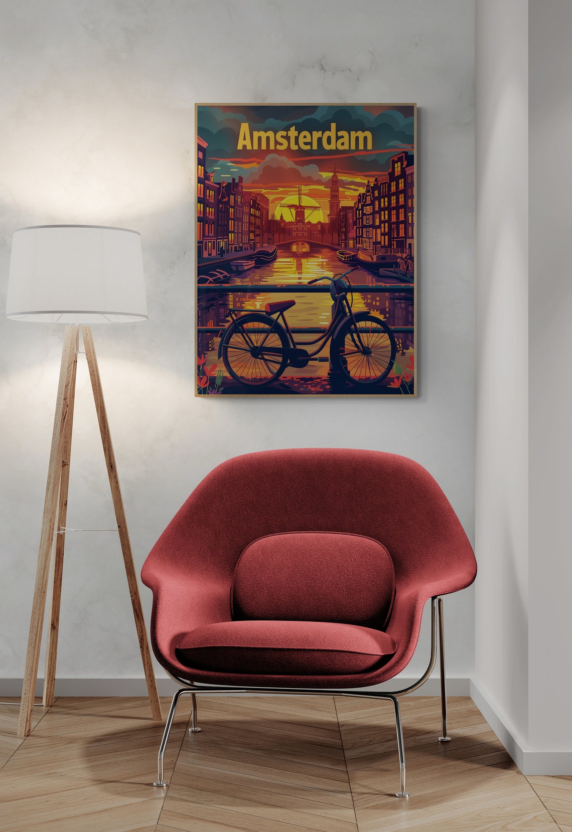 Amsterdam Bicycle Bridge Canal Sunset Windmill Vintage Travel Poster - Image 4