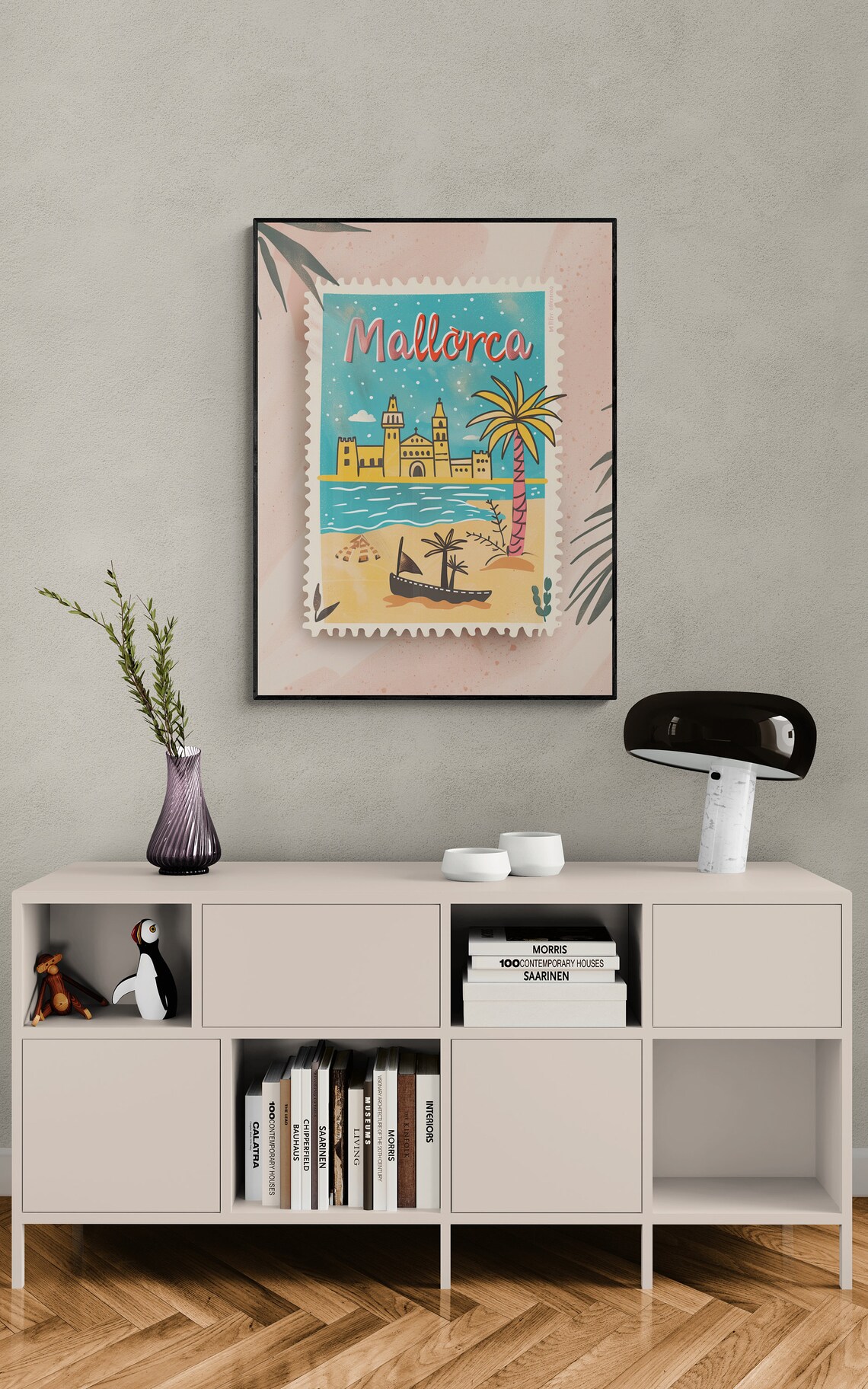 Mallorca Beach Cathedral Palm Trees Blush Vintage Stamp Travel Poster - Image 4