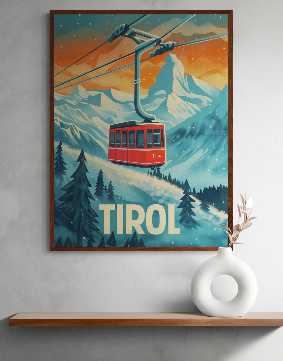 Tirol Red Cable Car Over Snowy Alps at Sunset Vintage Ski Poster