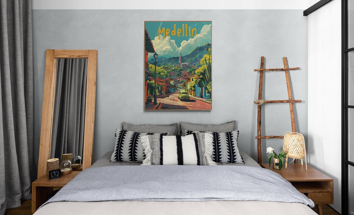 Medellin Vintage Car Street Mountain Town Colombia Poster Art - Image 4