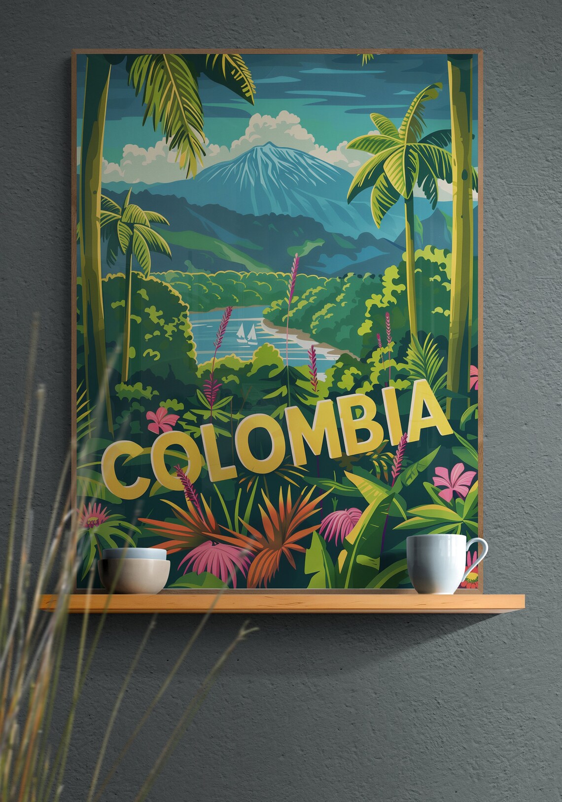 Colombia Lush Jungle Volcano Cove Sailboats Retro Travel Poster