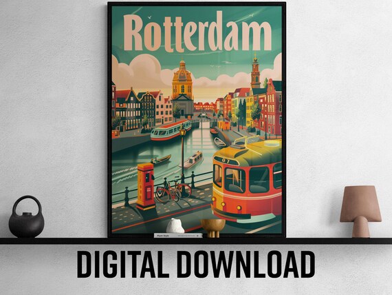Rotterdam Netherlands Canal Tram and Bicycle Vintage Travel Poster