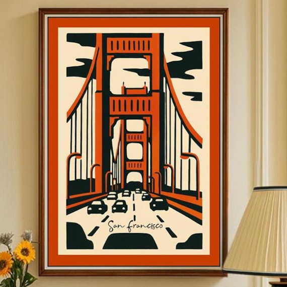 San Francisco Golden Gate Bridge Orange Linocut Retro Poster