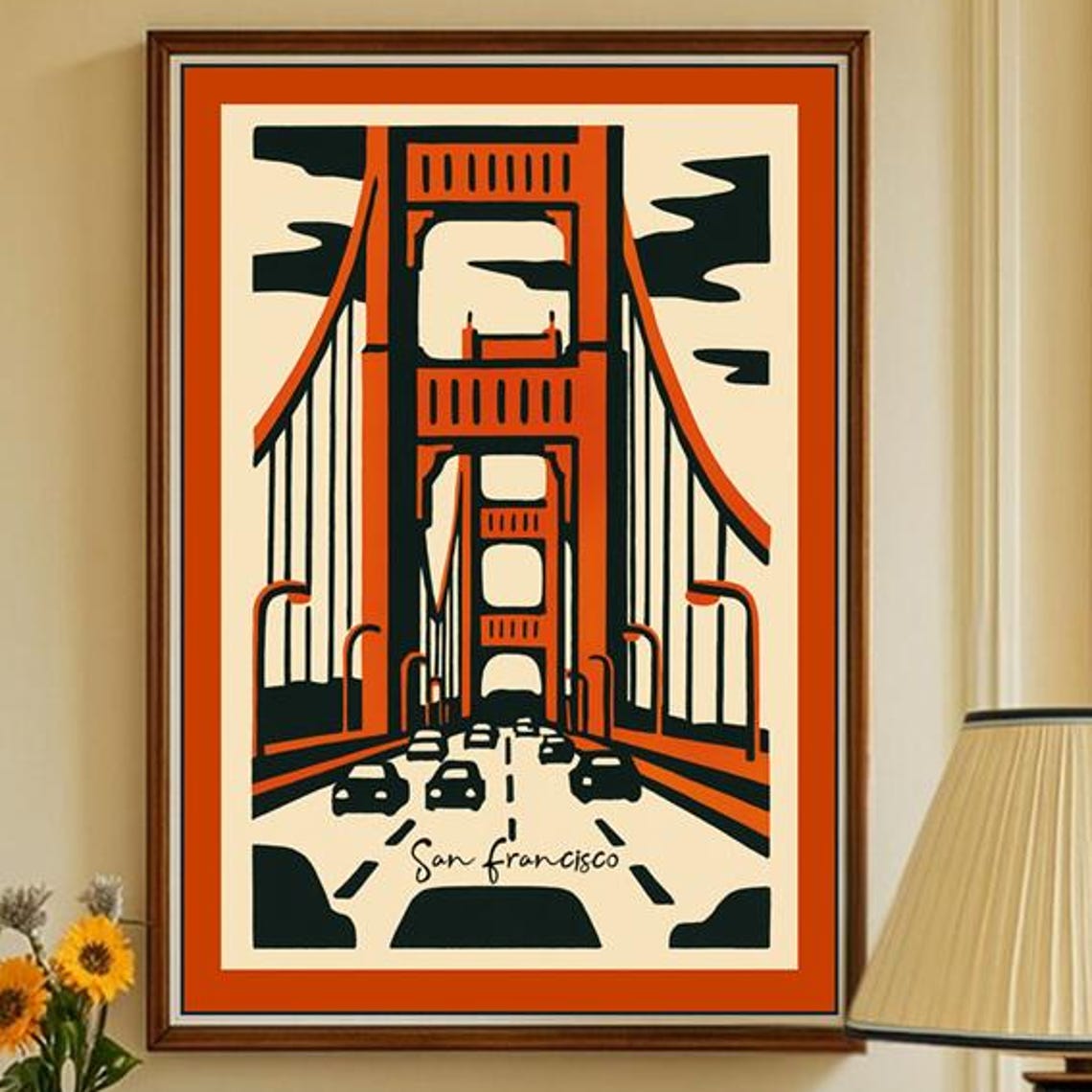 San Francisco Golden Gate Bridge Orange Linocut Retro Poster