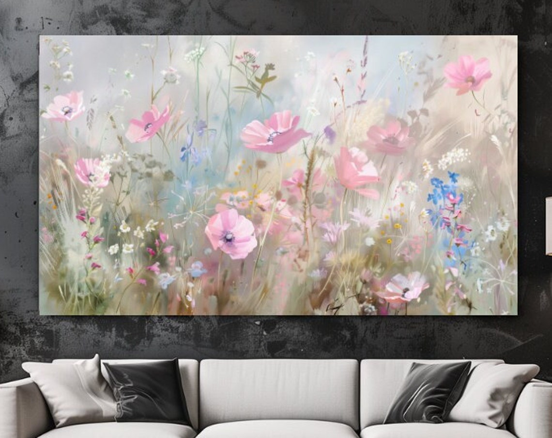 Pink Wildflower Meadow Watercolor Painting Botanical Floral Poster