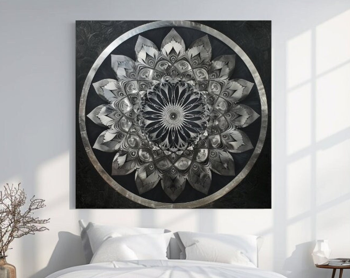 Silver Black Mandala Circular Ornate Detailed Monochrome Wall Art