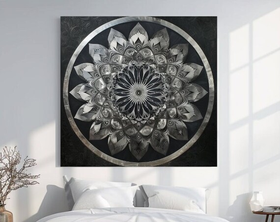 Silver Black Mandala Circular Ornate Detailed Monochrome Wall Art