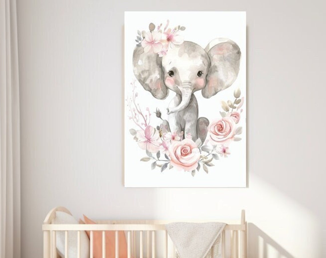Baby Elephant With Pink Floral Crown Roses Watercolor Nursery Wall Art