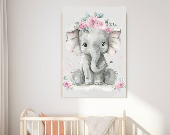 Baby Girl Elephant Pink Rose Flower Crown Watercolor Nursery Wall Art