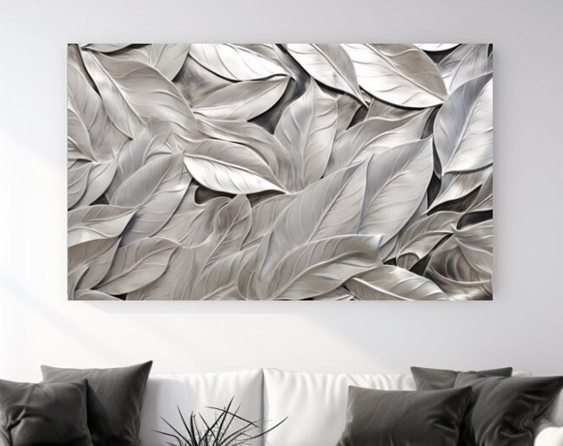 Silver Metallic Leaves Close Up Monochrome Botanical Texture Poster