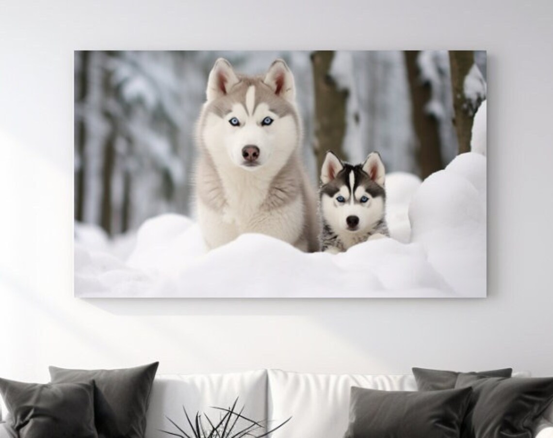 Husky Mother Puppy Snowy Winter Forest Blue Eyes Animal Poster