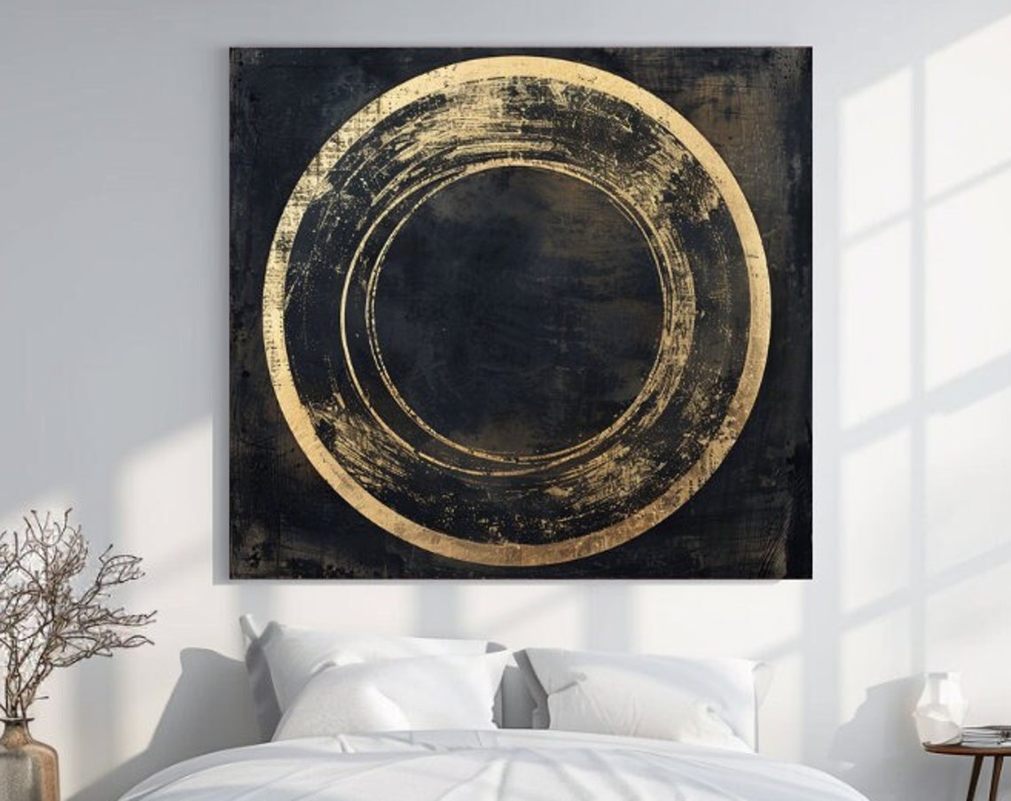 Golden Circle On Black Distressed Ring Minimal Abstract Wall Art