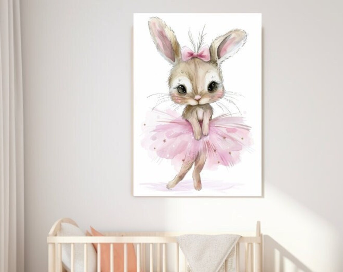 Ballerina Bunny In Pink Tutu With Bow Cute Girls Nursery Wall Art Print
