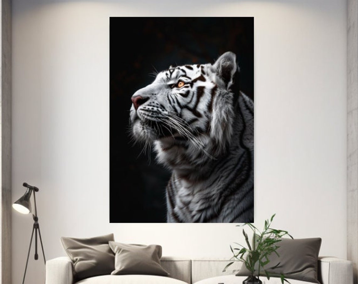 White Tiger Profile Amber Eye Dark Background Elegant Poster