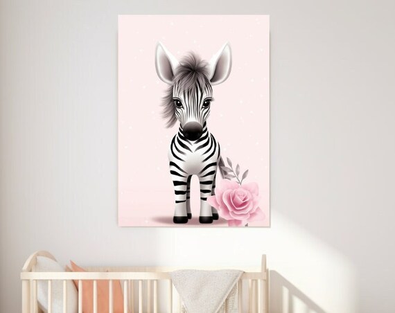 Cute Baby Zebra With Pink Rose Nursery Girls Room Wall Poster