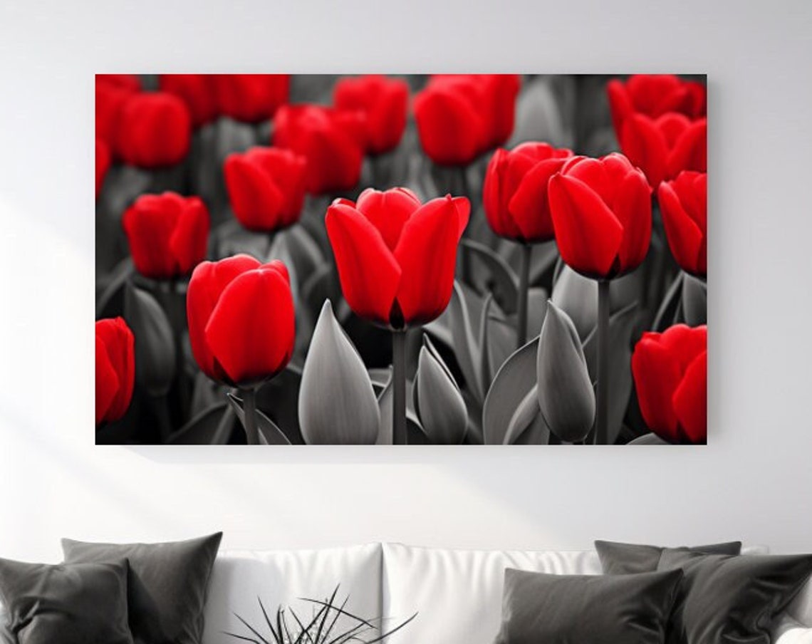 Red Tulips Black White Selective Color Bloom Field Floral Poster