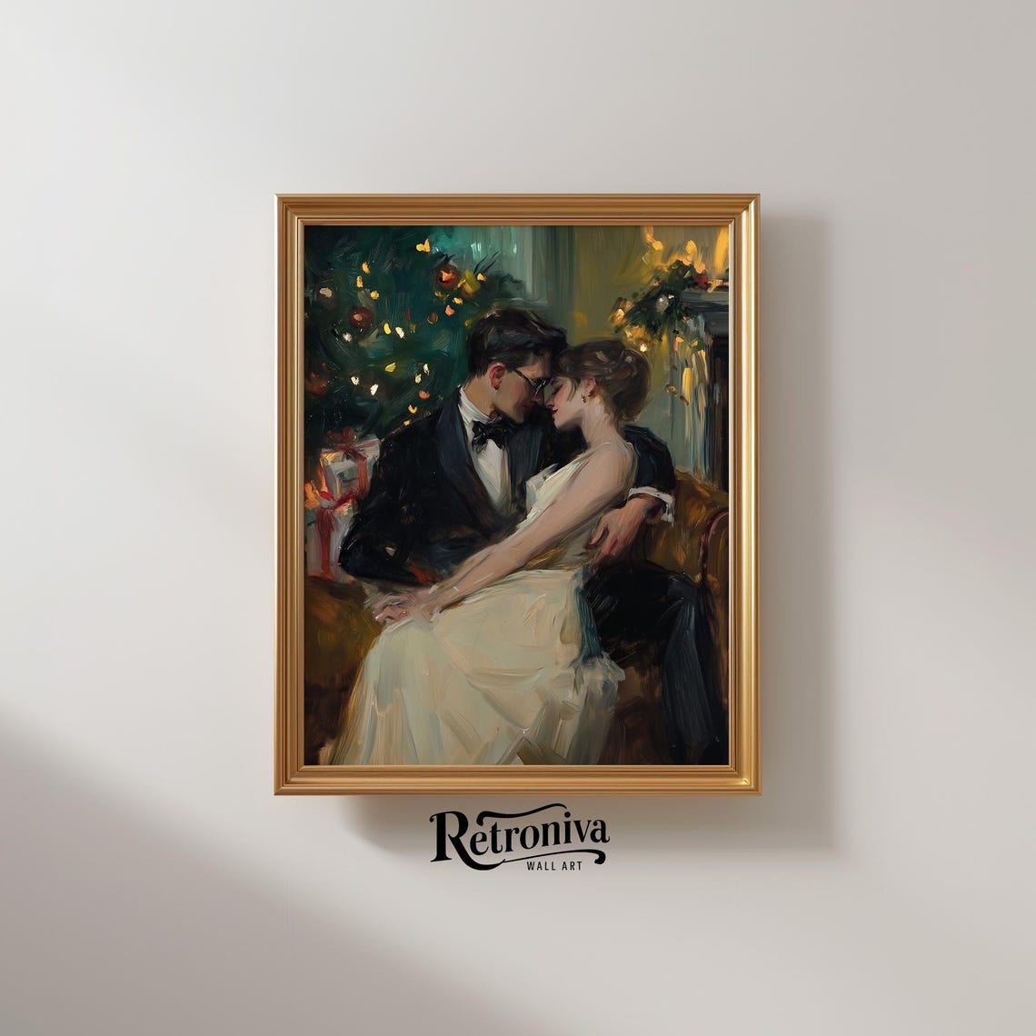 Couple In Love On Christmas Eve Vintage Oil Painting Romantic Winter Night Art Kissing Couple Wall Decor Retroniva Art Cpl 011