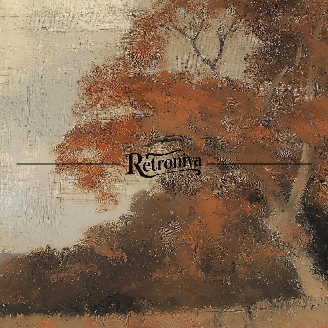 Muted Fall Tree Cloudy Sky Rustic Landscape Vintage Oil Painting Poster - Image 7