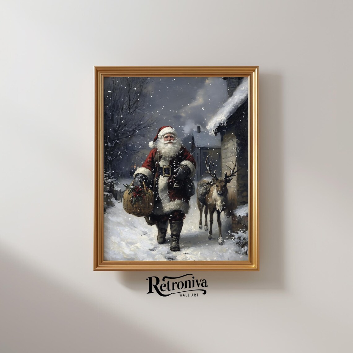 Santa Claus with Reindeer on Snowy Night Vintage Christmas Poster - Image 2