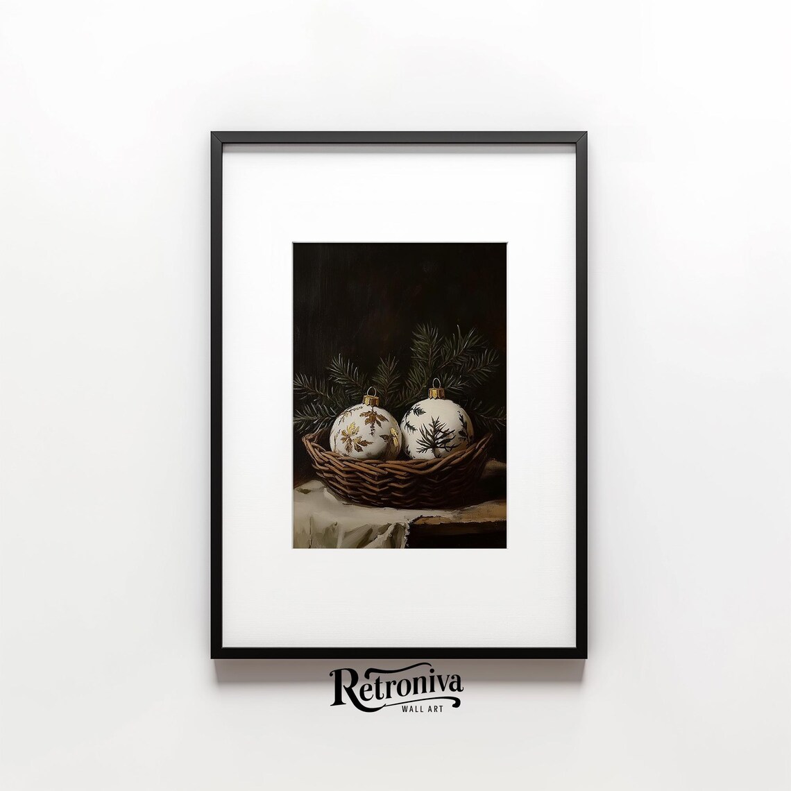 White Christmas Baubles Basket Dark Moody Vintage Still Life Poster - Image 4