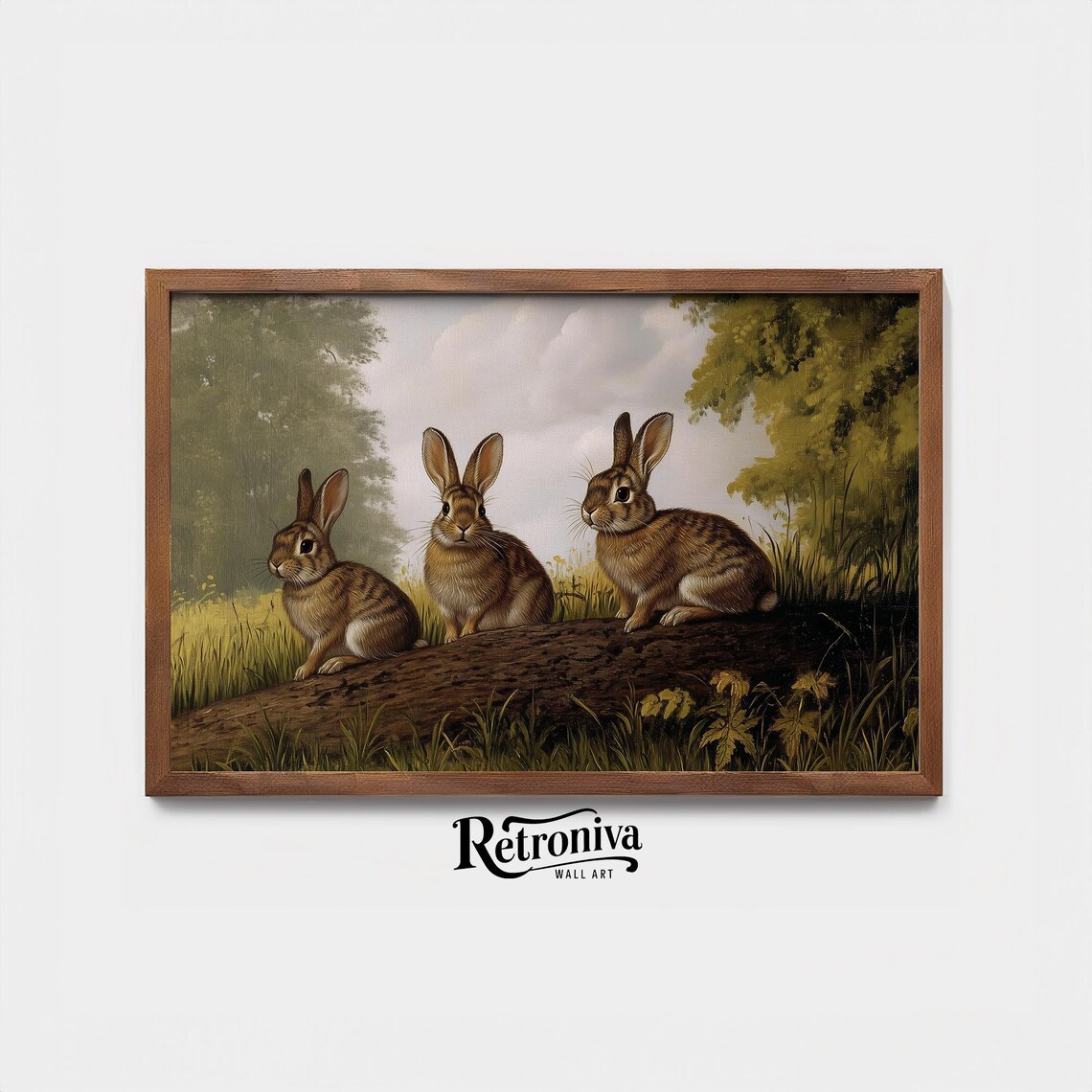 Three Brown Rabbits on Log Vintage Woodland Bunny Painting Poster - Image 3