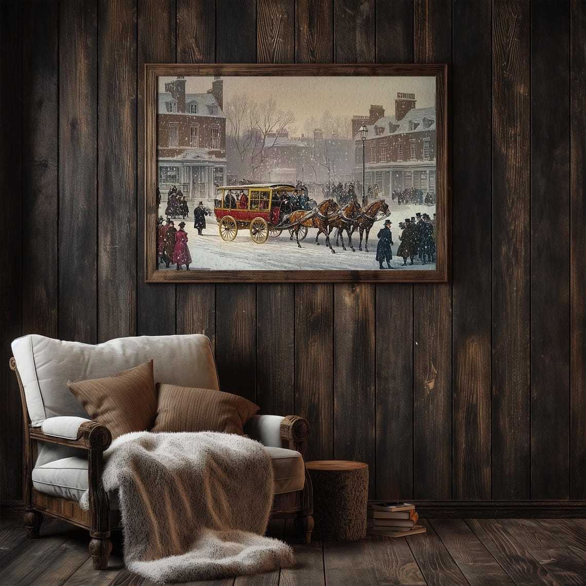 Winter Cityscape With Horse Carriage Vintage Oil Painting People In Old Town Center Farmhouse Wall Decor Retroniva Art Wnt 026 - Image 3