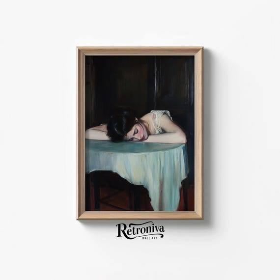 Sleepy Woman Portrait Art Print Victorian Tired Woman Scene Vintage Oil Painting Moody Wall Decor Retroniva Art Prt 008