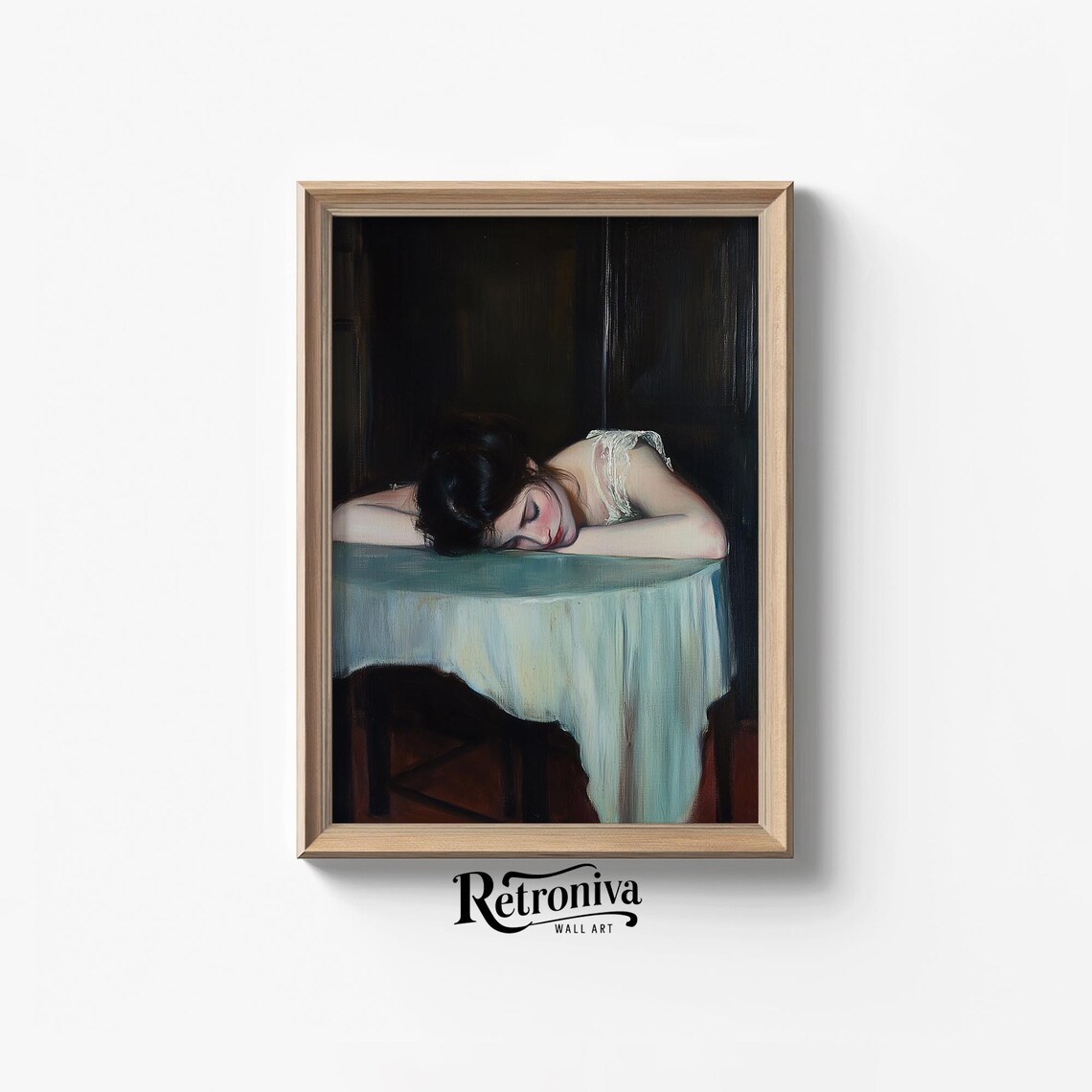 Sleepy Woman Resting Head Table Dark Moody Vintage Oil Painting Poster