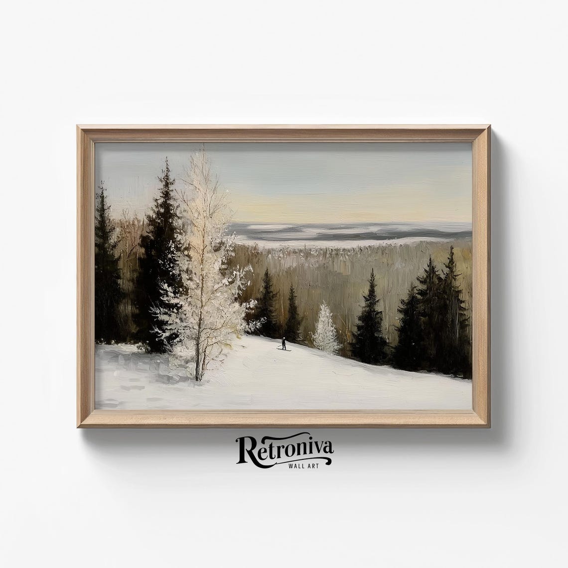 Lone Skier In A Snowy Mountain Forest At Dusk Vintage Poster