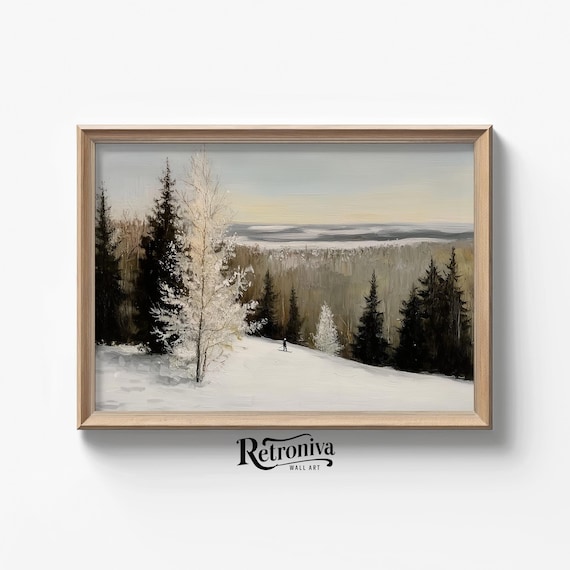 Lone Skier In A Snowy Mountain Forest At Dusk Vintage Poster