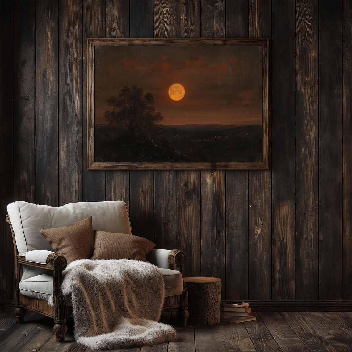 Orange Moon Landscape Vintage Oil Painting Art Print - Image 4