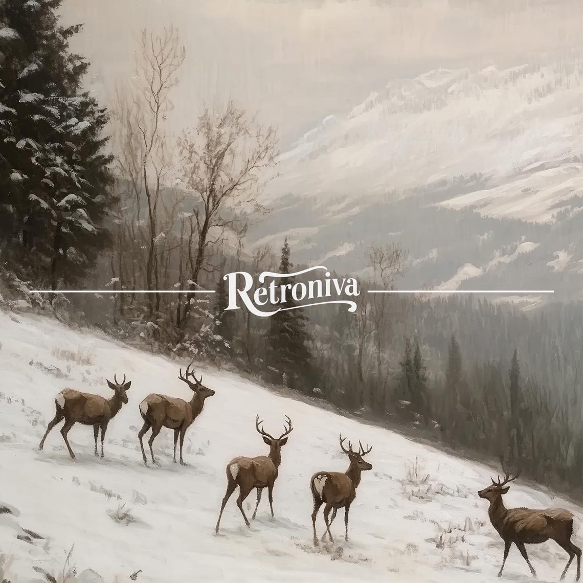 Deer Crossing Snowy Mountain Vintage Winter Wildlife Herd Poster - Image 7