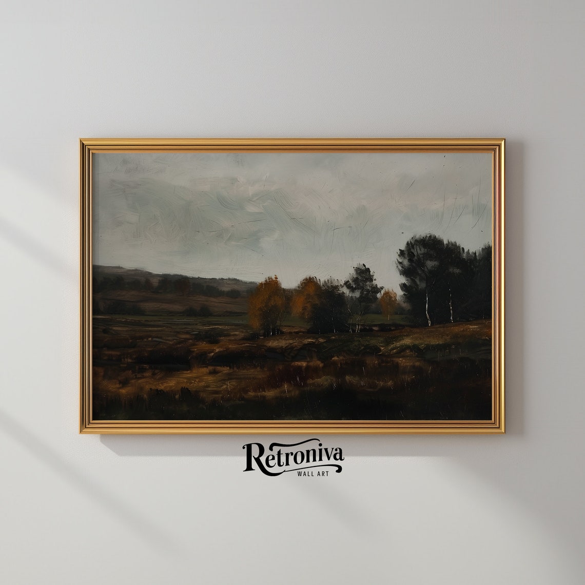 Dark Moody Autumn Marsh Fields Sparse Trees Vintage Landscape Poster - Image 2