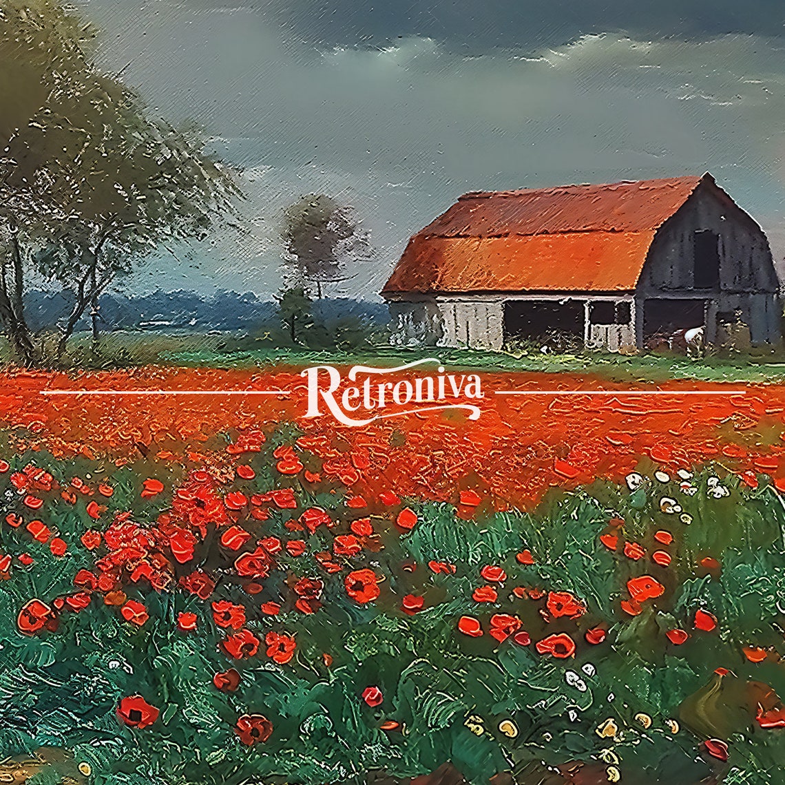Vast Red Poppy Field With Barn Under A Dramatic Stormy Sky Poster - Image 7
