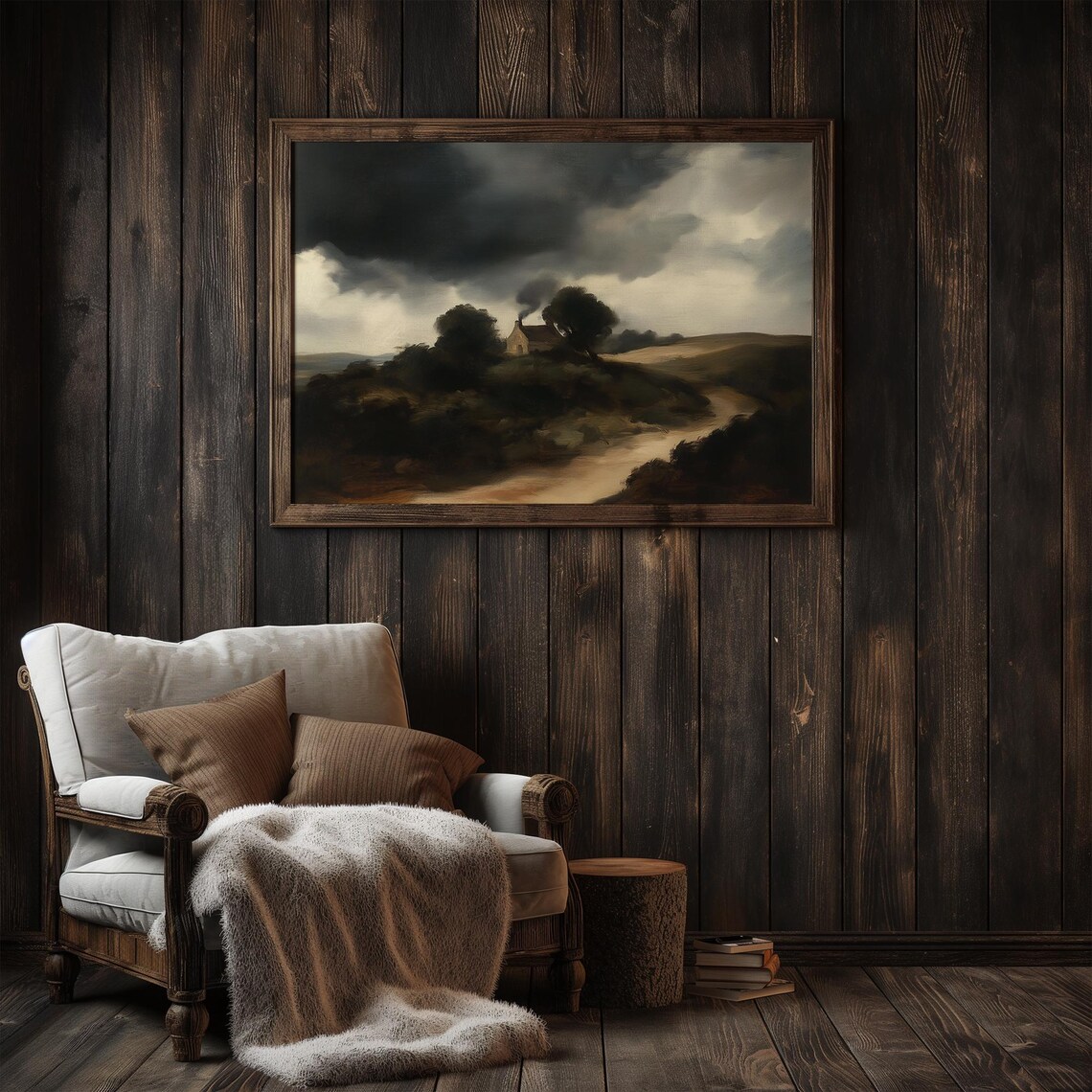 Moody Cottage on Hill Under Stormy Dark Sky Vintage Painting Poster - Image 3