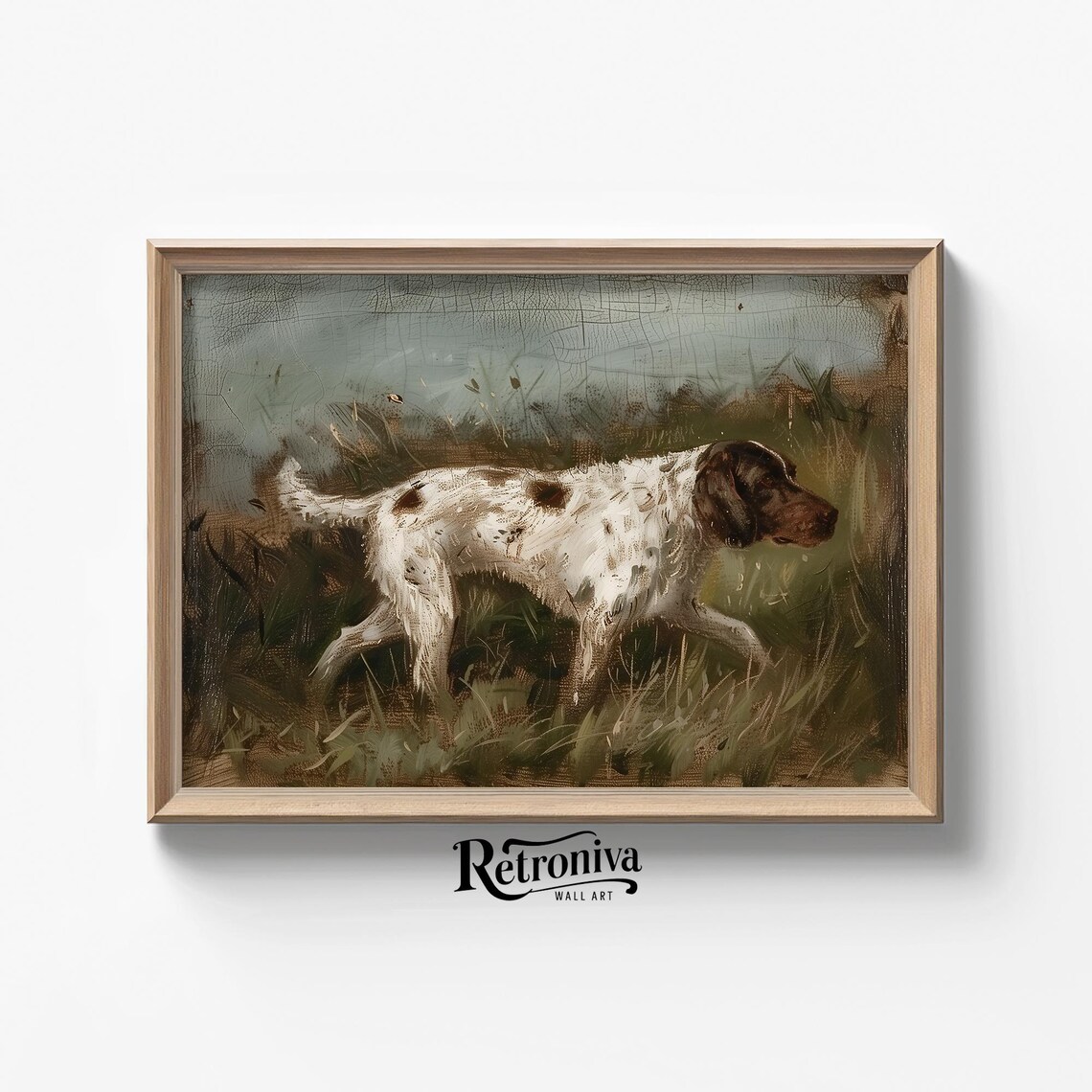 Hunting Dog in Grassy Field Vintage Antique Bird Dog Painting Poster