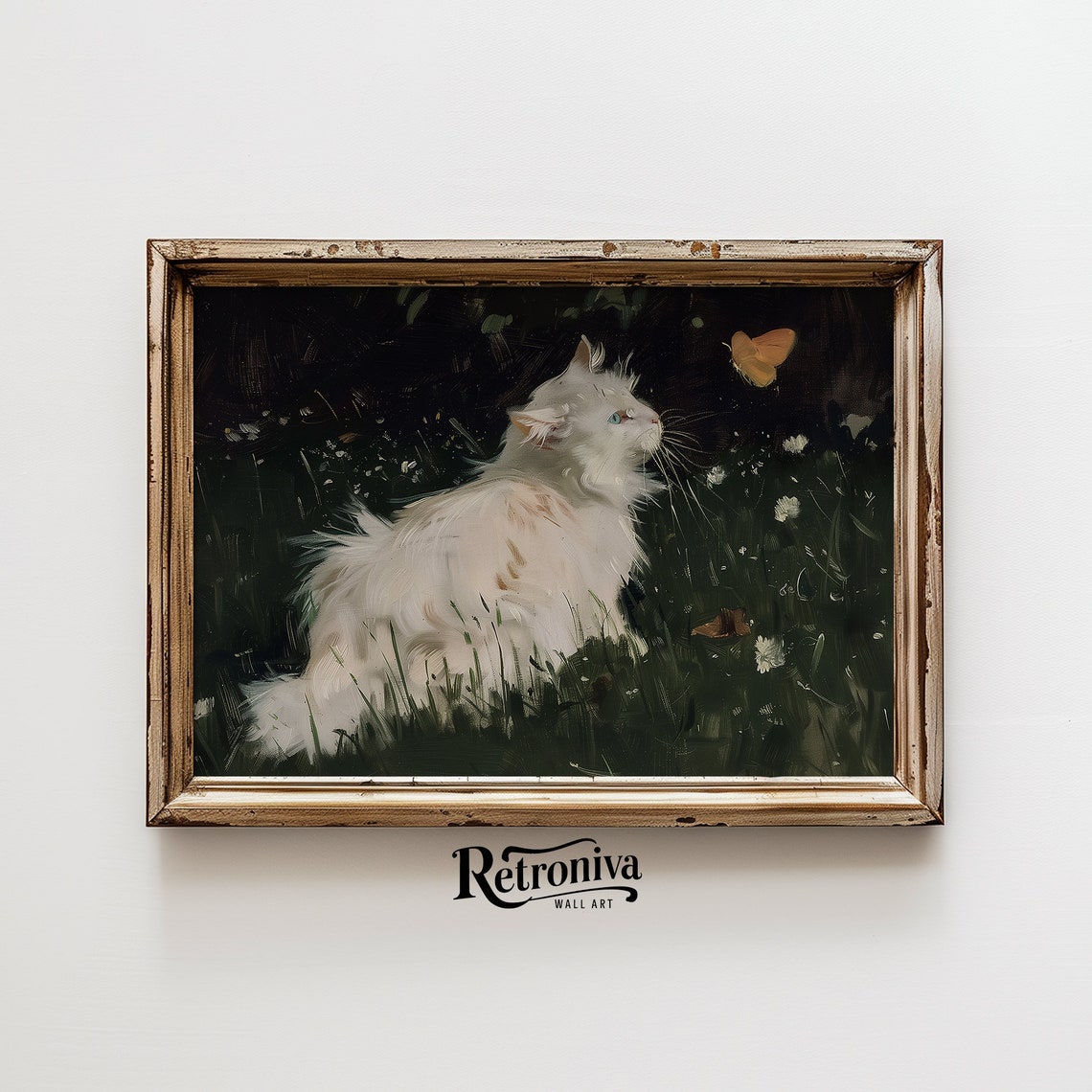 White Cat Butterfly Chase Oil Painting Animal Wall Decor Cat Painting Animal Wall Art Nursery Print Retroniva Art Anm 001 - Image 4