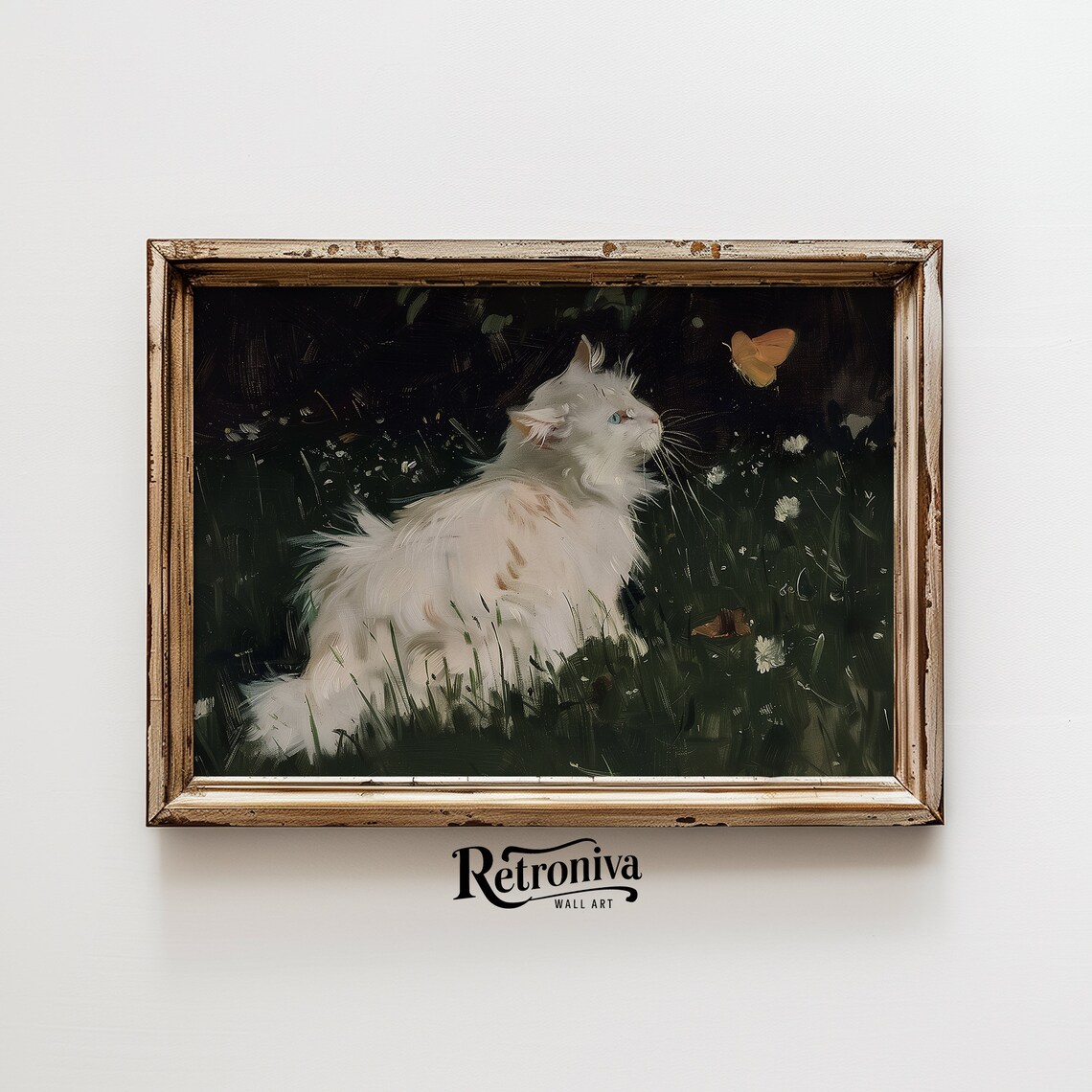 White Cat Watching Butterfly in Dark Garden Moody Feline Poster - Image 4