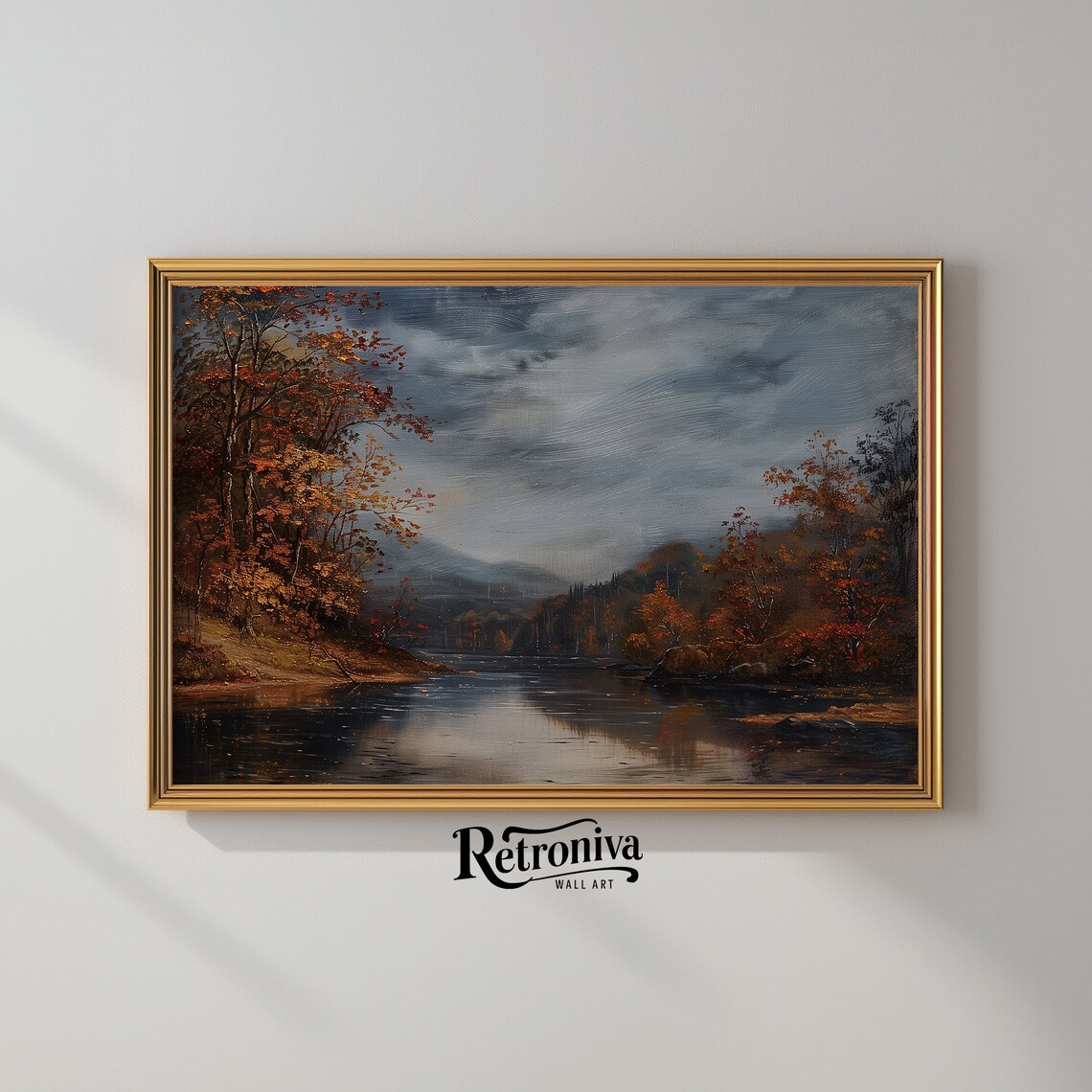 Moody Autumn Lake Stormy Sky Rustic Fall Landscape Vintage Painting Poster - Image 2