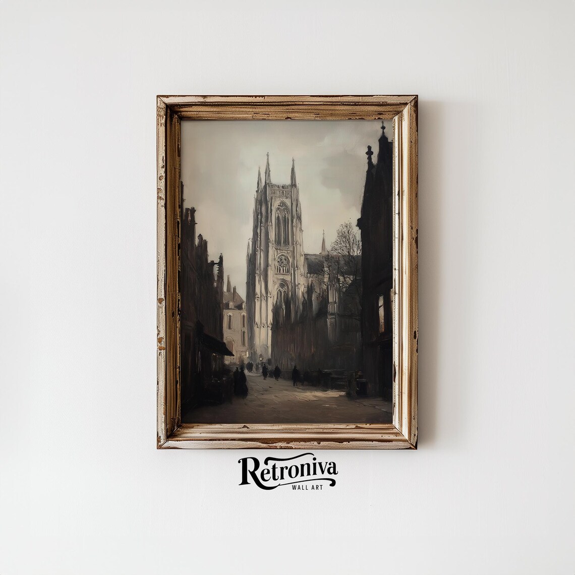 Moody Gothic Cathedral Tower Down A Dark Old Street Painting Poster - Image 4