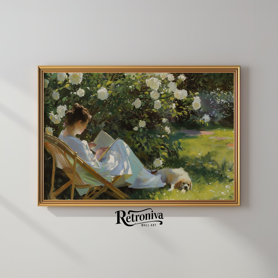 Woman Reading In Garden Vintage Oil Painting Print