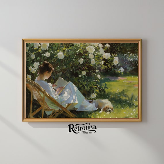 Woman Reading In Garden Vintage Oil Painting Print