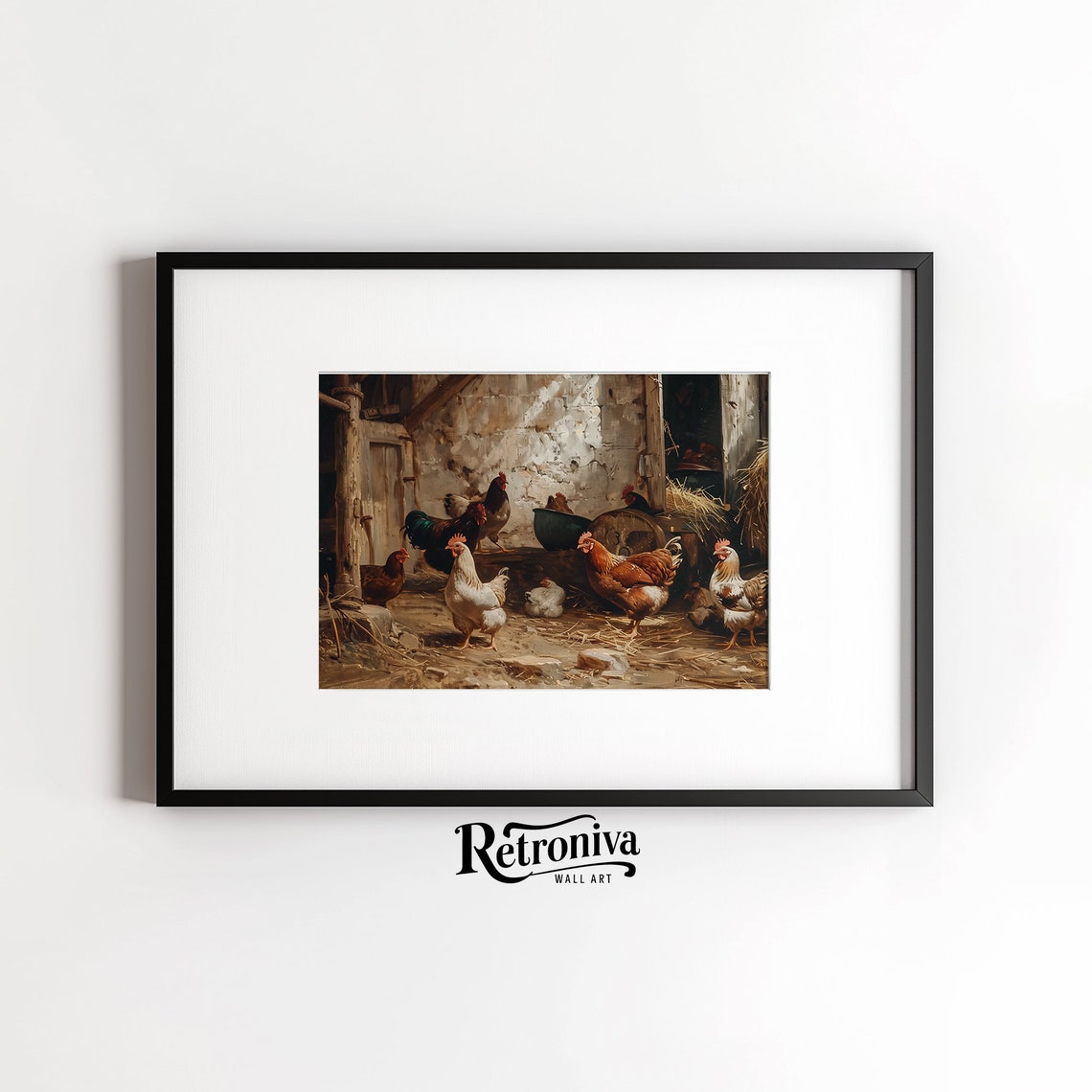 Chickens and Roosters in Rustic Barn Vintage Farm Painting Poster - Image 6