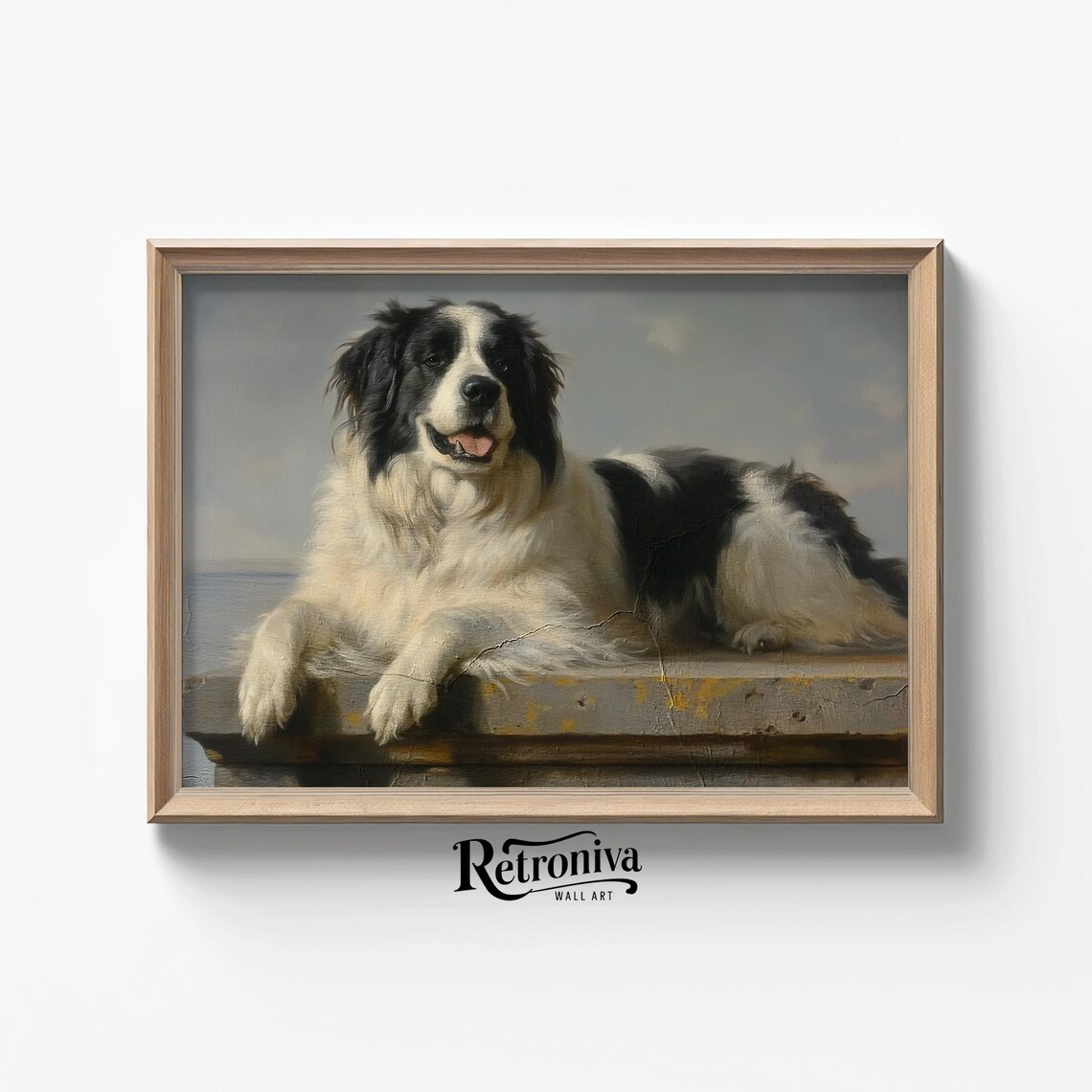 Black and White Newfoundland Dog Lying on Pier Vintage Pet Poster