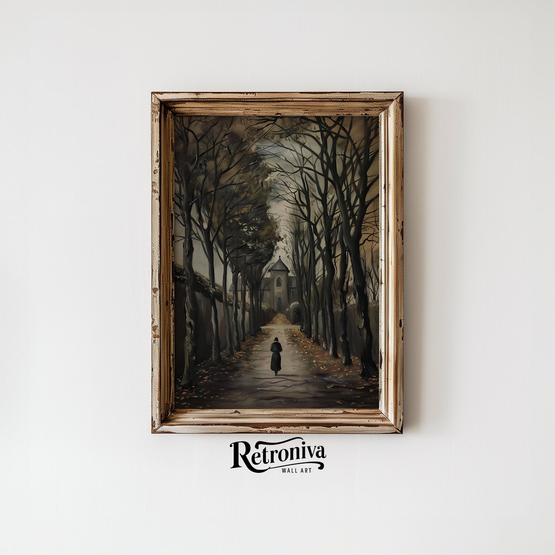 Dark Academia Tree Lined Avenue Lone Figure Moody Autumn Poster - Image 6