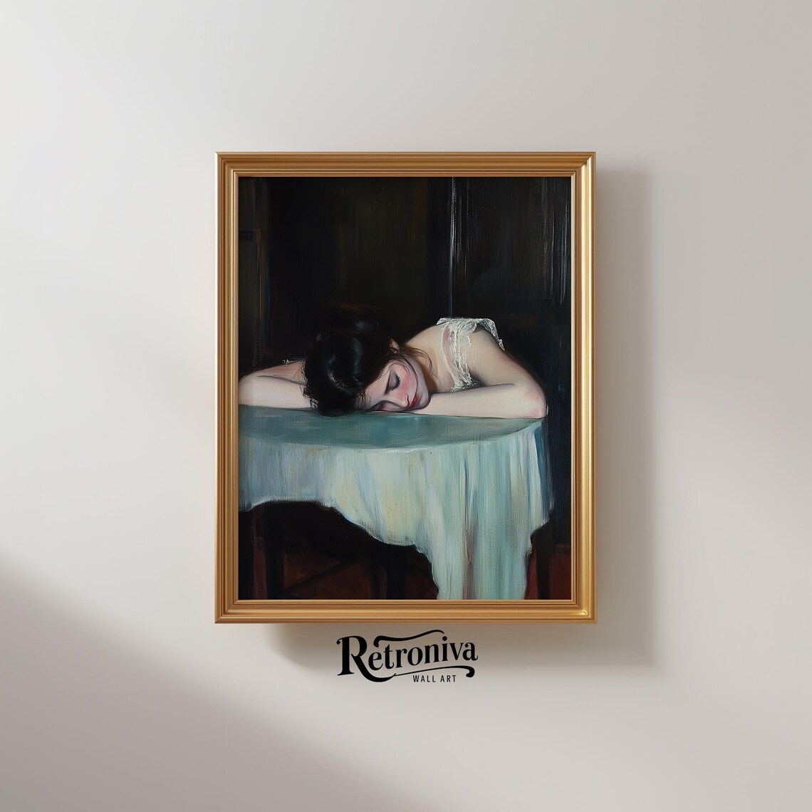 Sleepy Woman Resting Head Table Dark Moody Vintage Oil Painting Poster - Image 2