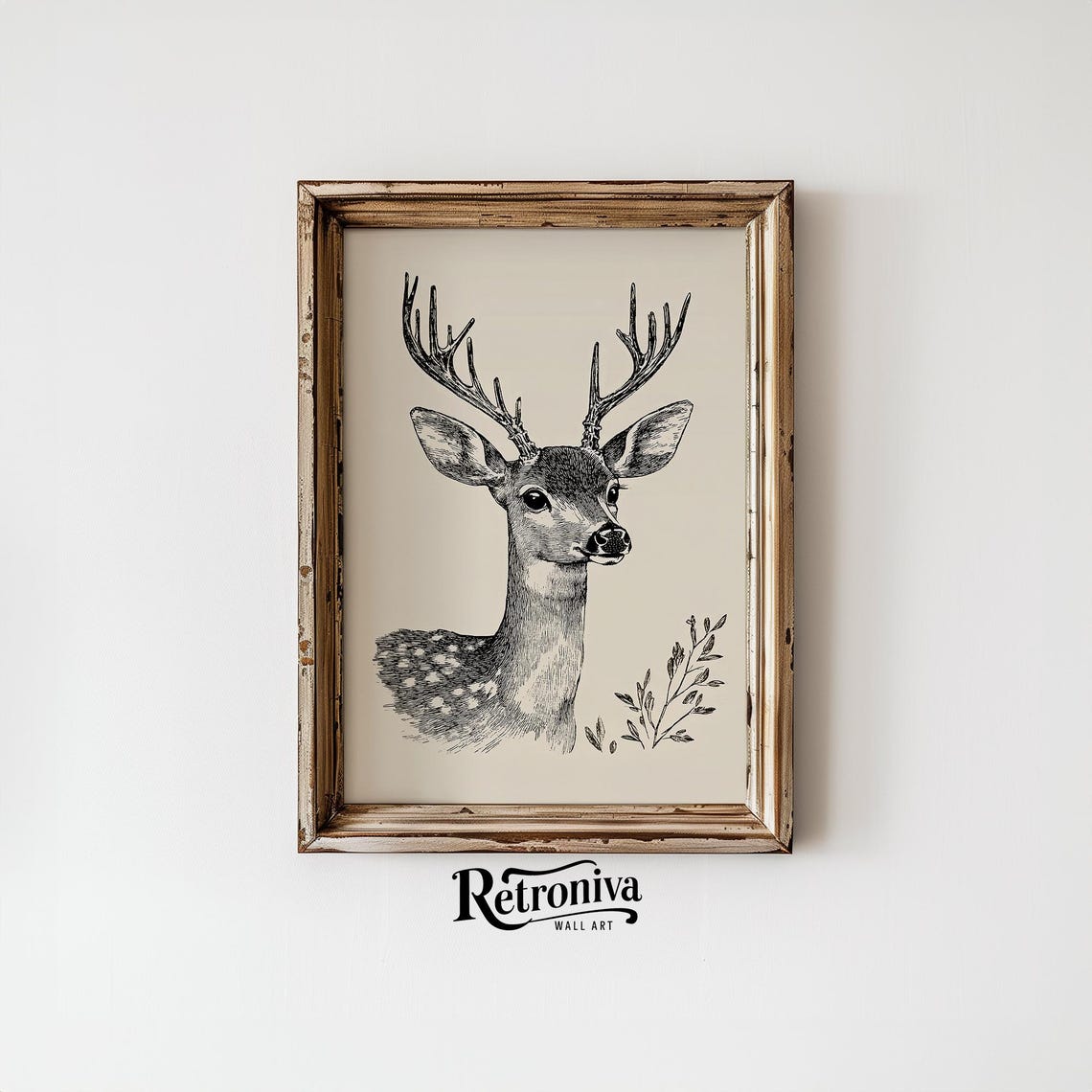 Antique Ink Drawing Of A Stag With Antlers On Cream Paper Poster - Image 4