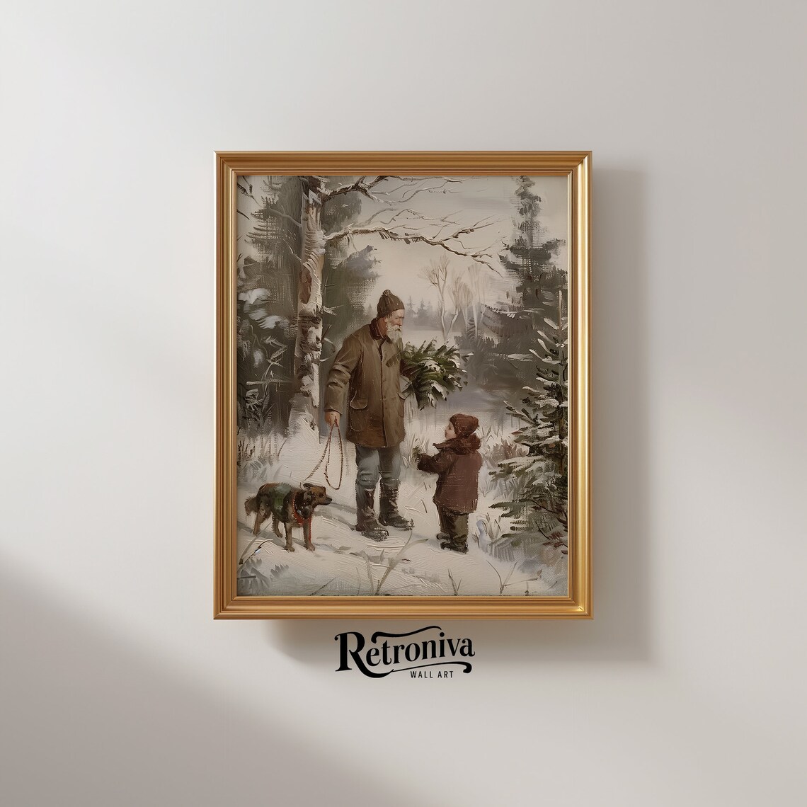 Grandfather Child and Dog Bringing Christmas Tree Winter Poster - Image 2