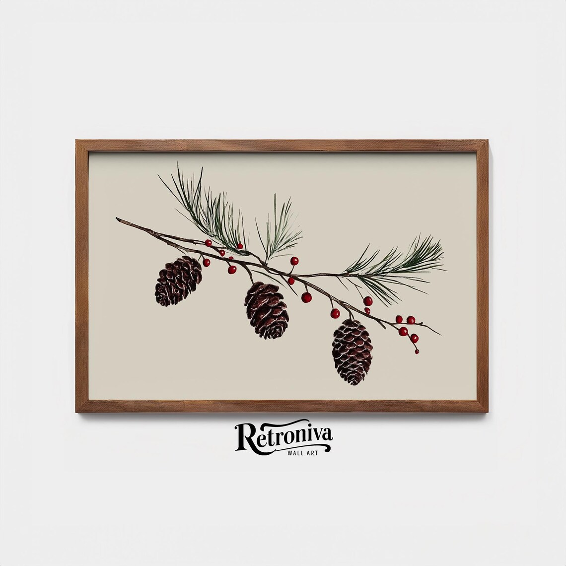 Pinecones And Red Berries Branch Vintage Winter Botanical Print - Image 3